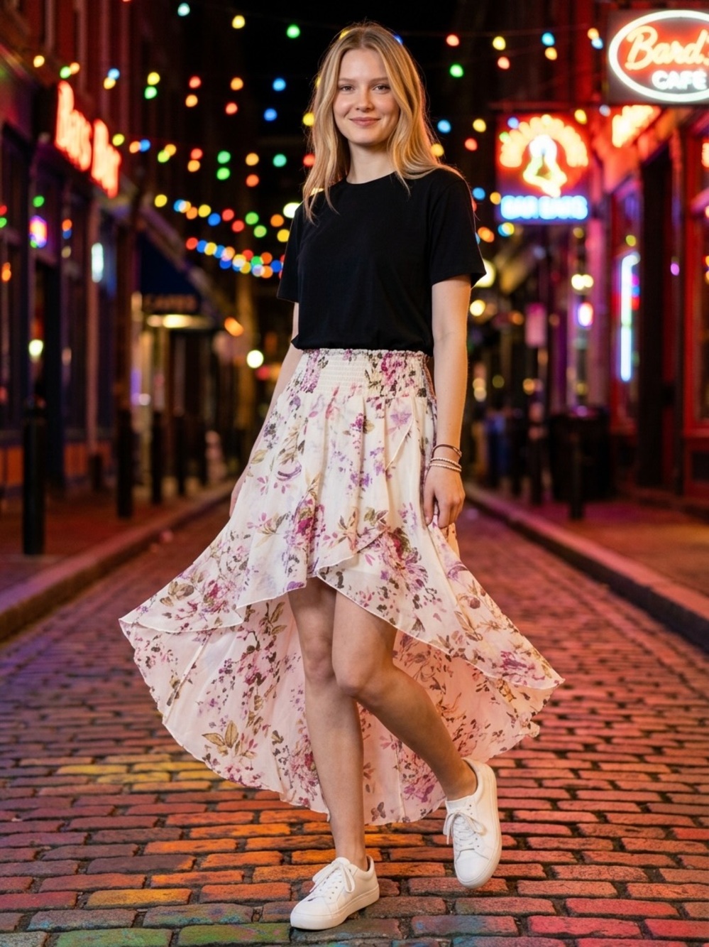 Miss Avenue Cream Floral High-Low Ruffle Skirt